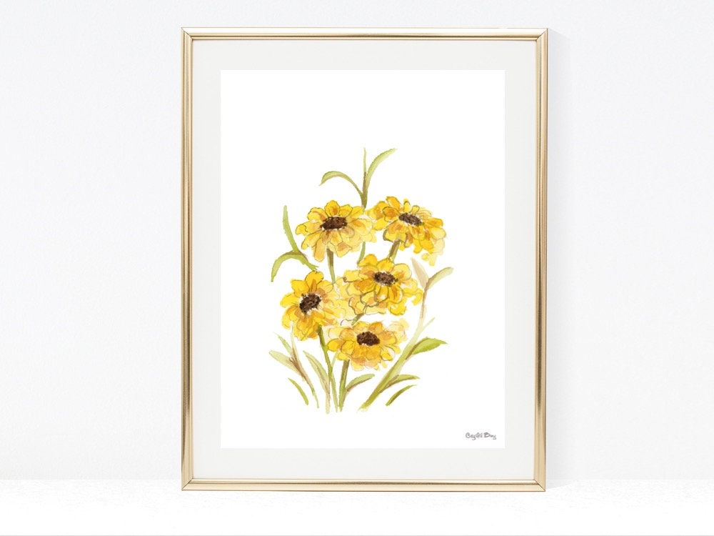 Yellow Flowers Watercolor Wall Art Wall Decor Home Art Etsy