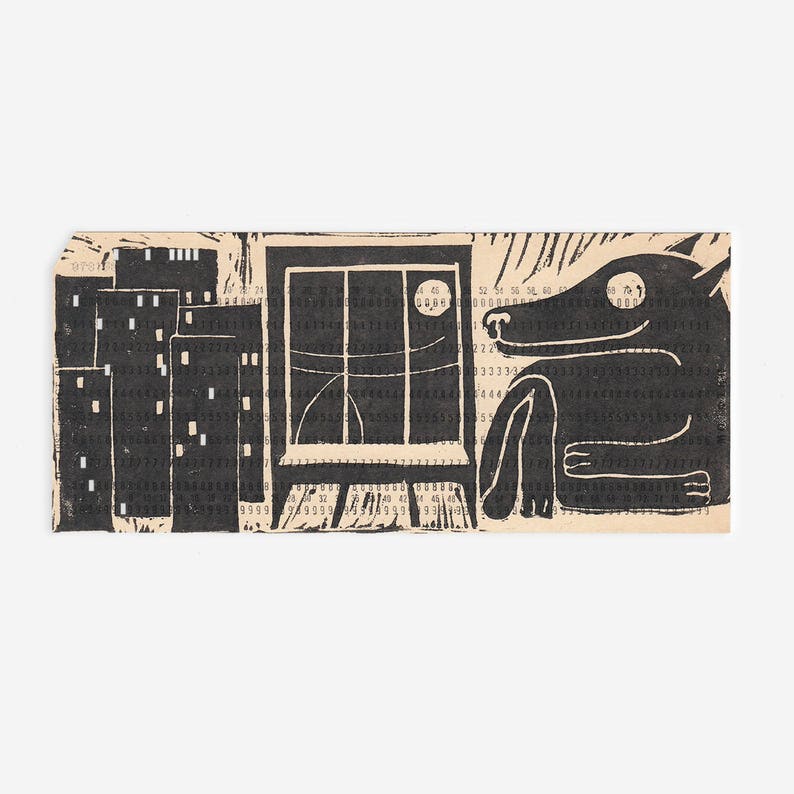 Original illustration handmade print Bookmark Linocut on a punchcard Wolf and the moon