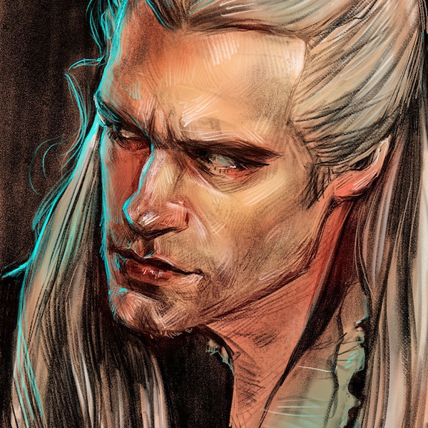 Geralt de Rivia de The Witcher. Retrato de Geralt el Lobo Blanco por Henry Cavill. Impresión artística de una pintura de fantasía masculina.