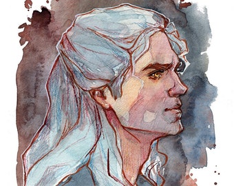 Geralt Of Rivia Played By Henry Cavill. The Witcher. Portrait of Geralt the White Wolf. Male fantasy painting art print. Digital Watercolor.