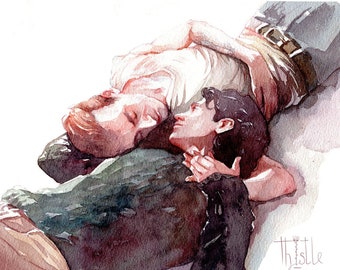 Gay couple in love harmony, holding hands - watercolor art print. LGBTQ painting, romantic gay couple gift.