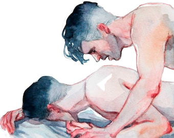 Gay couple making love. Watercolor art print.