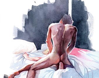Morning quickie -  art print from an original erotic gay watercolor painting. Two man making love. LGBTQ  art. Sexy back. Gay passion.