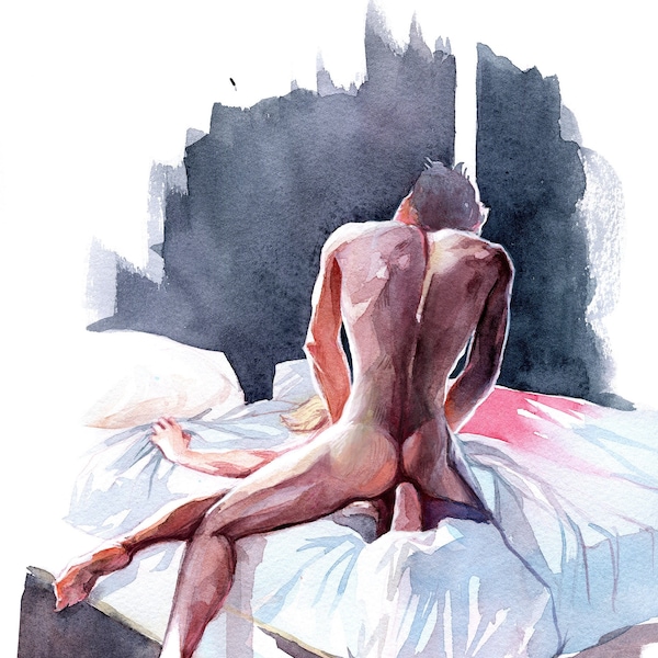 Morning quickie -  art print from an original erotic gay watercolor painting. Two man making love. LGBTQ  art. Sexy back. Gay passion.