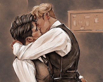 Vintage Gay Lovers - Original Digital Painting Art Print. Passionate Gay Couple, Erotic Vintage Gay Art. Gay Couple Making Out