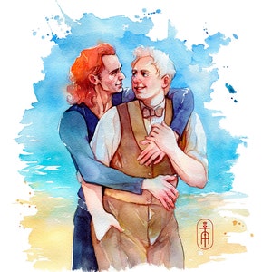 Angel and Demon Happy at the Beach. Queer Art, Watercolor Print. Romantic Gift