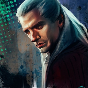 Geralt of Rivia from The Witcher. Henry Cavill portrait of Geralt the White Wolf. Male fantasy painting art print
