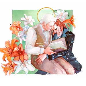 Ineffable love - Angel and Demon With Lilies, Watercolor Art Print. Romantic Queer Gift.