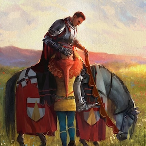 Peut inclure: Peinture à l'huile représentant un chevalier en armure argentée et cape rouge, aidant une autre personne en tunique jaune et leggings bleus à monter un cheval gris. Le cheval est orné de couvertures à motifs rouges et blancs, sur fond de coucher de soleil.
