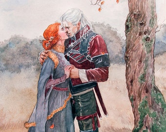 Geralt of Rivia and Triss Merigold together in an autumn scene. The Witcher watercolor art. Original Watercolor Painting.