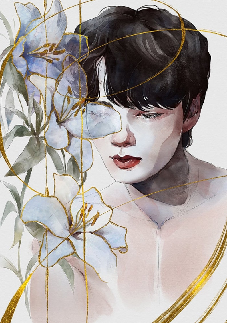 May include: A watercolor painting of a person with black hair and a white background. The person is looking down and has a soft expression. There are white flowers with gold accents on the left side of the image.