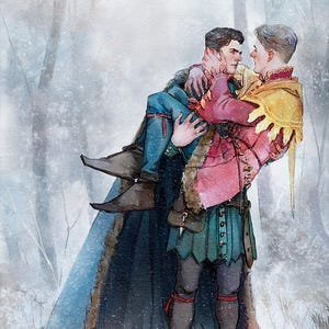 May include: Watercolor illustration of two figures in a snowy forest. One figure, in a pink and gold outfit, carries another in blue and teal clothing. The artwork has a medieval fantasy theme, with the artist's signature in the lower right.