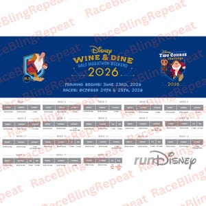 May include: A blue graphic with the text "Disney Wine & Dine Half Marathon Weekend 2026" and a training schedule. The image includes cartoon characters and the "runDisney" logo. The training begins June 23rd, 2026.