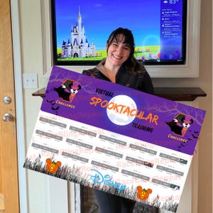 May include: A rectangular training calendar with a purple background featuring a white moon, a cartoon character in a vampire cape, and the text Virtual Spooktacular Training. The bottom section includes a grid for weeks and pumpkin icons.