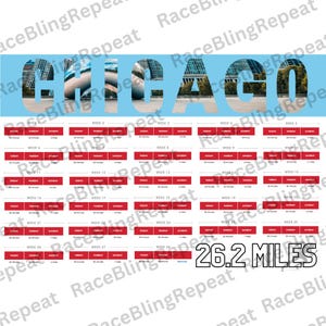 May include: A printable training schedule for a marathon, with the word "CHICAGO" in large letters at the top. The schedule is divided into weeks, with each week showing the days of the week and the corresponding mileage for each day. The text "26.2 MILES" is at the bottom of the page.
