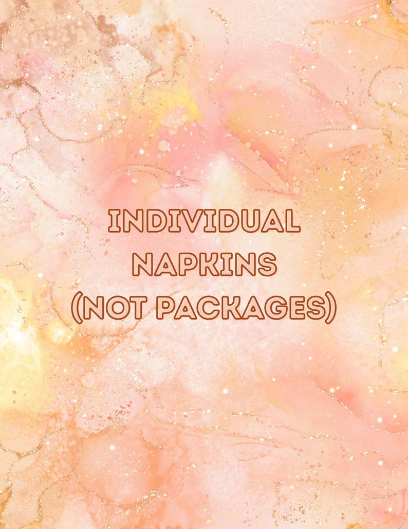 Puede incluir: Fondo abstracto en tonos melocot&oacute;n, rosa y dorado con el texto "INDIVIDUAL NAPKINS (NOT PACKAGES)" en marr&oacute;n. El dise&ntilde;o tiene un efecto acuarela con acentos de purpurina. Adecuado para la decoraci&oacute;n de eventos.