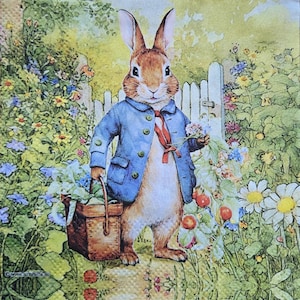 May include: Illustration of a rabbit wearing a blue jacket and holding a basket and flowers. The rabbit stands in a garden with a white picket fence and colorful flowers. The image has a vintage, storybook style.