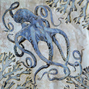Decoupage Napkins - (3) Blue Ocean Octopus cocktail napkins for shells, mixed media, paper crafts, metal, glass, wood, furniture