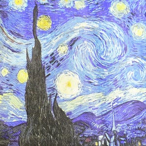 May include: A square image featuring a painting of a starry night sky. The artwork depicts swirling blue and white clouds, yellow stars, and a dark, tall tree in the foreground. The style is reminiscent of Van Gogh's iconic work.