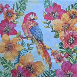 May include: A colorful parrot perched on a branch, surrounded by vibrant orange, pink, and red flowers and green leaves. The background is a light blue. The design is reminiscent of a tropical paradise.