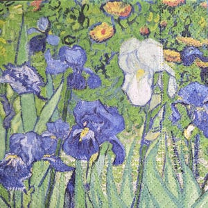 May include: A square paper napkin featuring a vibrant impressionist-style print of blue and white irises set against a lush green background. The design includes detailed brushstroke textures, deep blue petals, and bright yellow centers.