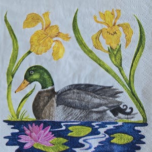 Decoupage Cocktail Napkins. Duck and Water Iris. Set of 3.