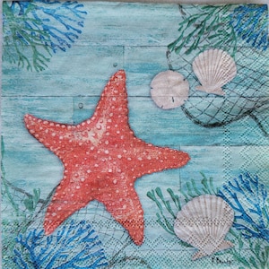 Decoupage Napkins- (3) Starfish and Blue Crab cocktail napkins for shells, mixed media, paper crafts, metal, glass, wood, furniture
