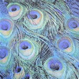 May include: Close-up of a fabric with a peacock feather design. The pattern features large, detailed peacock feathers in shades of blue, green, and gold. The design has a textured appearance.
