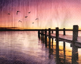 Servilletas de almuerzo con decoupage. Amanecer costero en rosa, morado y naranja. Juego de 3.