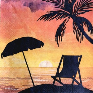 May include: A square paper napkin featuring a sunset beach scene with a black silhouette of a palm tree, a beach umbrella, and a lounge chair against a gradient background of orange, yellow, and purple hues. The text Creative Converting is visible.