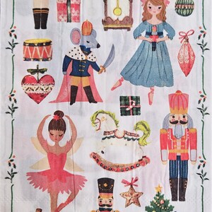 May include: A decorative paper featuring a collage of Christmas-themed illustrations. The design includes nutcrackers, a ballerina, a mouse king, a Christmas tree, gifts, and a clock. The color palette is primarily red, blue, and gold.