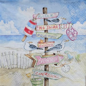 May include: Watercolor illustration of a beach scene with a wooden signpost featuring various signs. Signs read "Relax", "No Shirt", "No Rules No Shoes", "Beach", and "Crab Shack". Includes seagulls, a red, white, and blue popsicle, and a heart-shaped decoration.