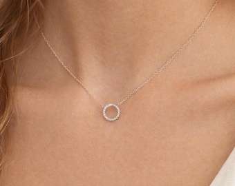 Dainty 14K Gold Diamond Circle Necklace, Anniversary Gift