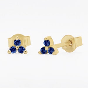 Natural Sapphire Earrings,Sapphire Cluster Stud Earrings in Gold,Simple Three Stone Earrings,Tiny Sapphire Studs,Black Friday Sales