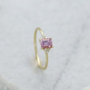 Natural Pink Sapphire Engagement Ring,Emerald Cut Pink Sapphire Ring,Pink Sapphire Gold Ring with Diamonds,Anniversary Ring,Cyber Monday image 3