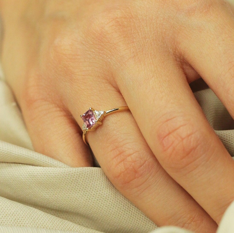 Natural Pink Sapphire Engagement Ring,Emerald Cut Pink Sapphire Ring,Pink Sapphire Gold Ring with Diamonds,Anniversary Ring,Cyber Monday image 9