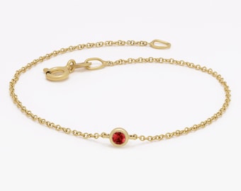 Pulseira com rubi em ouro 14K, pedra do mês de julho, modelo solitário delicado.