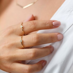 Diamond Star Ring,Solid Gold Celestial Ring,Minimalist Stacking Star Ring with Brown Diamonds,Dainty Everyday Ring,Ideal Birthday Gift