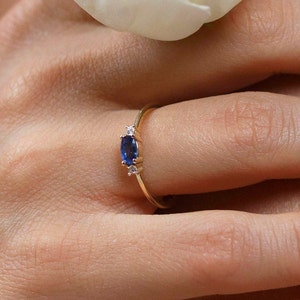 Three Stone Engagement Ring by SagittariusFineJwlr,Blue Sapphire and Diamond Ring,Oval Blue Sapphire Ring,September Birthstone image 7