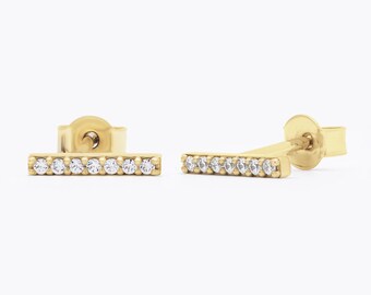 14K Gold Diamond Bar Studs, Dainty Pave Earrings, Minimalist Style