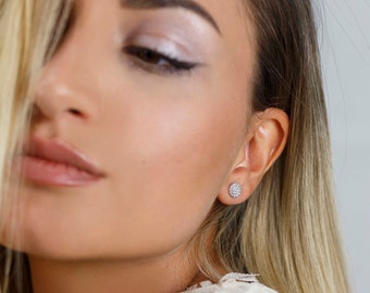 14K Solid Gold Pave Diamond Disc Studs, 6MM