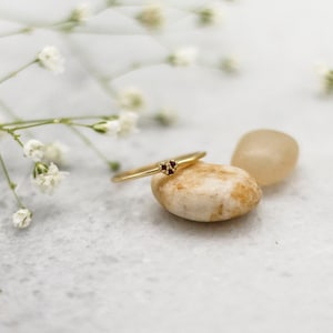 Dainty 14K Gold Heart Ring with Rubies, Thin Stacking Band