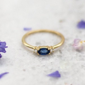 Three Stone Engagement Ring by SagittariusFineJwlr,Blue Sapphire and Diamond Ring,Oval Blue Sapphire Ring,September Birthstone image 6