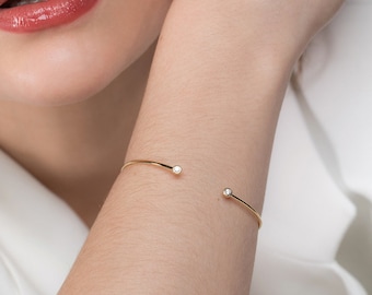 14K Gold Diamond Cuff Bracelet, Dainty Stacking Bangle
