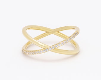 Anillo de oro de 14 quilates con diamantes cruzados, diseño minimalista de doble banda