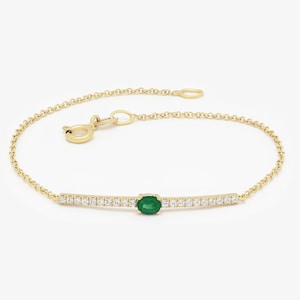 Diamant und Smaragd Armband,Pave Bar Gold Armband mit Oval Schliff Smaragd,Elegantes Line Bar Armband Grün Smaragd,Stapelbares Armband