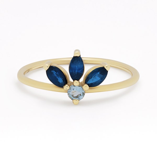 Natuurlijke blauwe saffier ring, marquise saffier ring, saffier en aquamarijn ring, unieke gouden ring met saffier, september geboortesteen