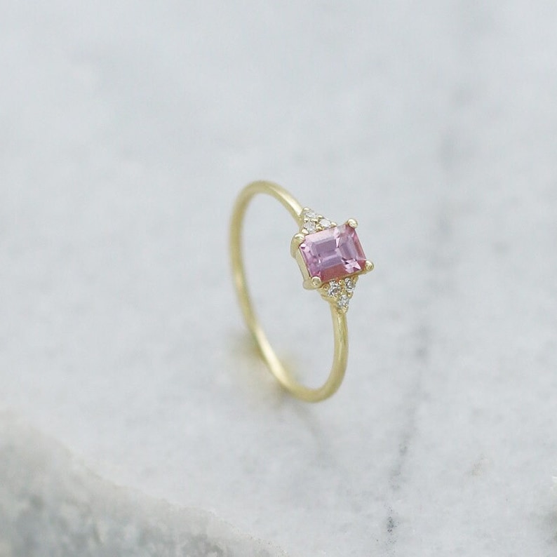 Natural Pink Sapphire Engagement Ring,Emerald Cut Pink Sapphire Ring,Pink Sapphire Gold Ring with Diamonds,Anniversary Ring,Cyber Monday image 4