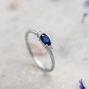 Three Stone Engagement Ring by SagittariusFineJwlr,Blue Sapphire and Diamond Ring,Oval Blue Sapphire Ring,September Birthstone image 5