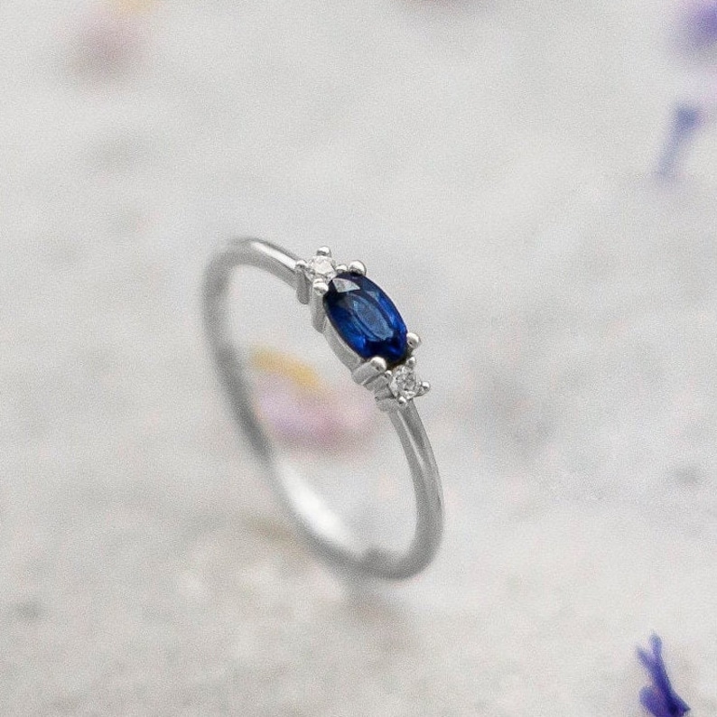 Three Stone Engagement Ring by SagittariusFineJwlr,Blue Sapphire and Diamond Ring,Oval Blue Sapphire Ring,September Birthstone image 5